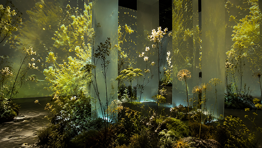 Green exhibition room with flowering installation.
